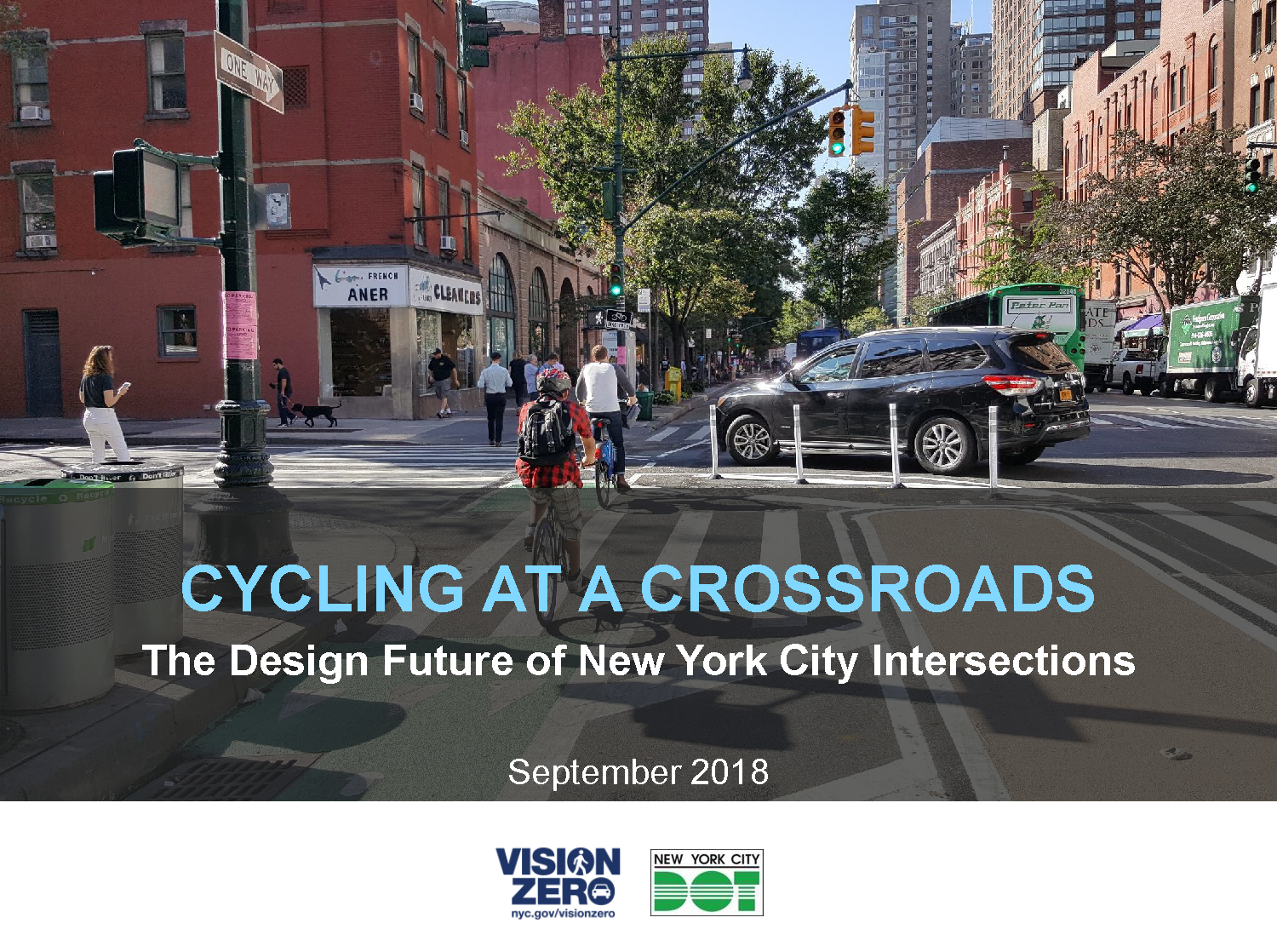 Cover slide for "Cycling at a crossroads" report. It shows two cyclists in a new style of intersection calle d"offset crossings". 