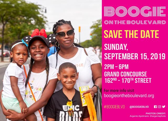 A flyer for Boogie on the Blvd. Featured on it is a family of four, smiling at the camera. 