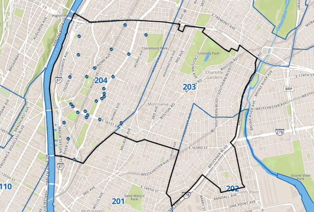 A screenshot of the feedback portal map. It is centered over Bronx Community Boards 2, 3, and 4. 
