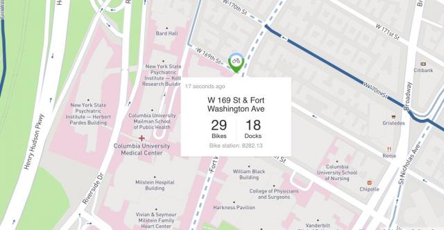 A screenshot of the Citi Bike station map