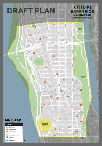 the draft plan for Citi Bike stations in Manhattan CB 12