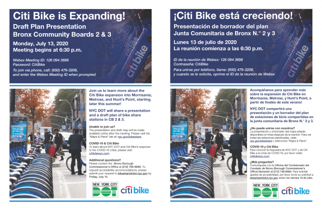 A flyer for the draft plan presentation for stations in Bronx Community Board 2 & 3