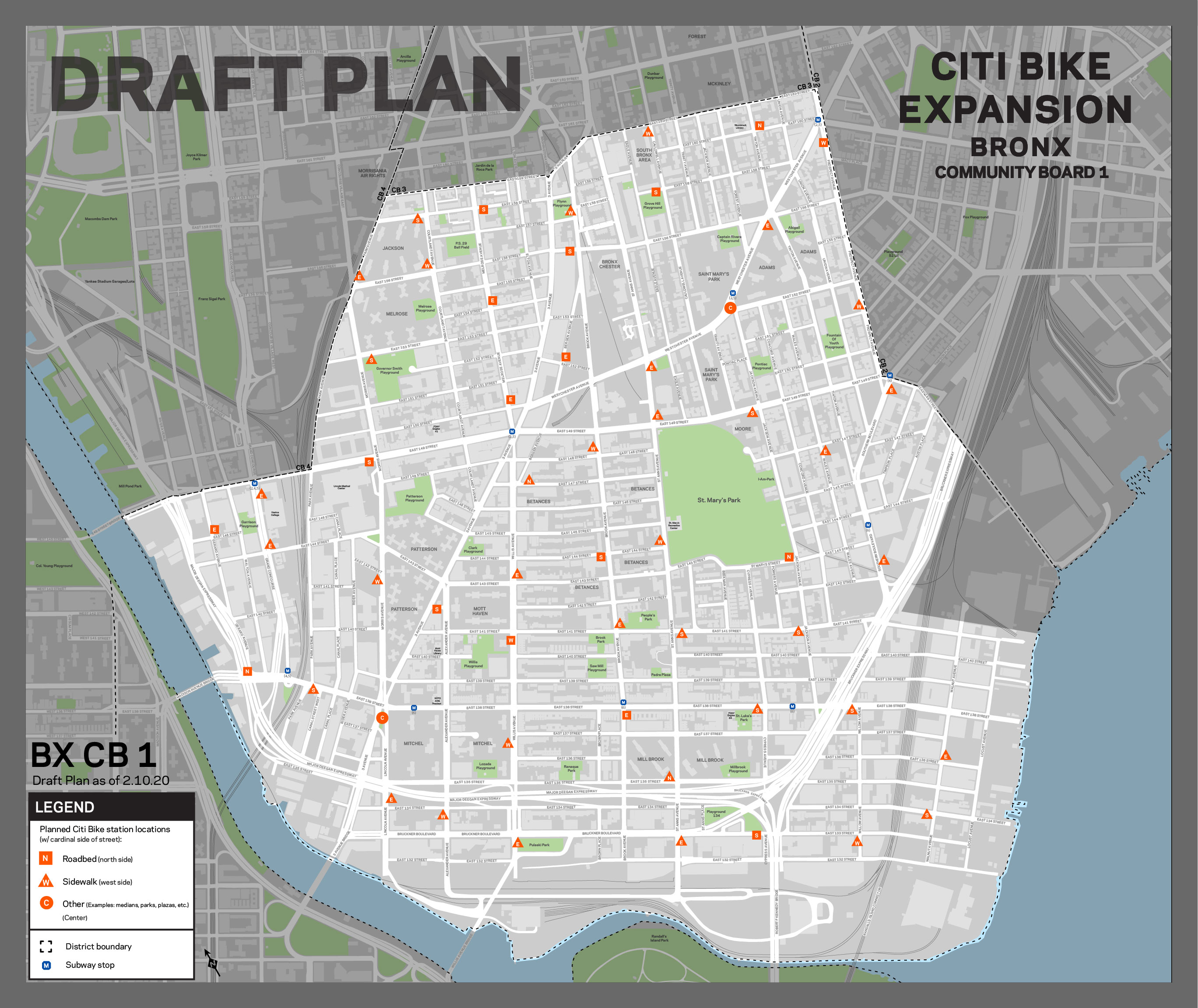 A screenshot of the draft plan for Citi Bike stations within Bronx Community Board 1.