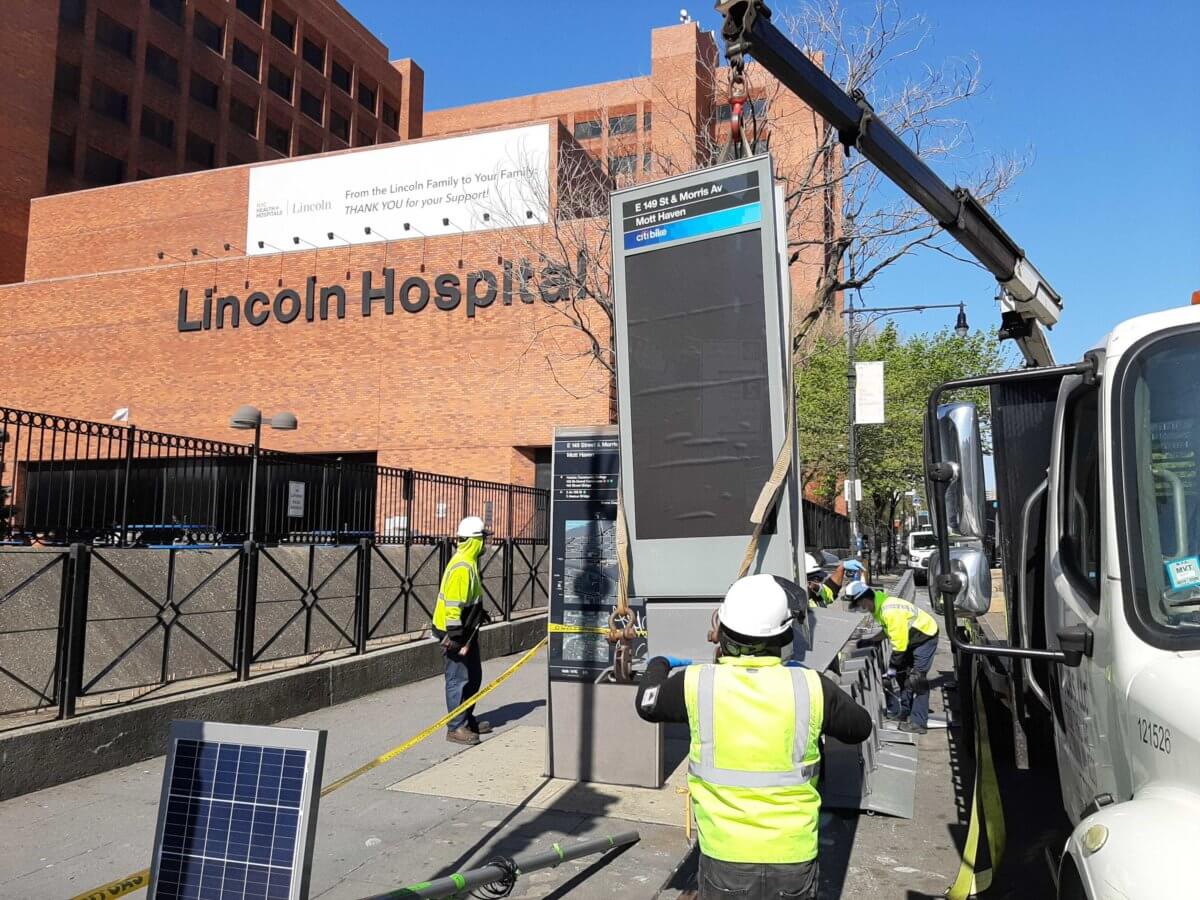 The installation of the Citi Bike station adjacent to Lincoln Hospital. 