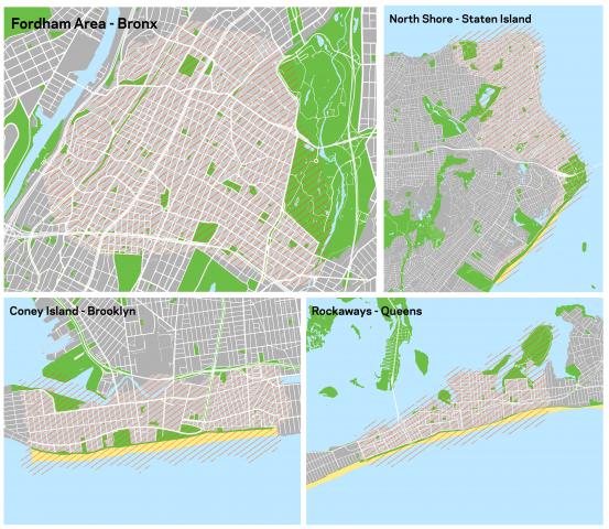 Four maps depicting the dockless  bike share of pilot areas in the Fordham area of the Bronx, North Shore of Staten Island, Coney Island in Brooklyn, and the Rockaways in Queens.