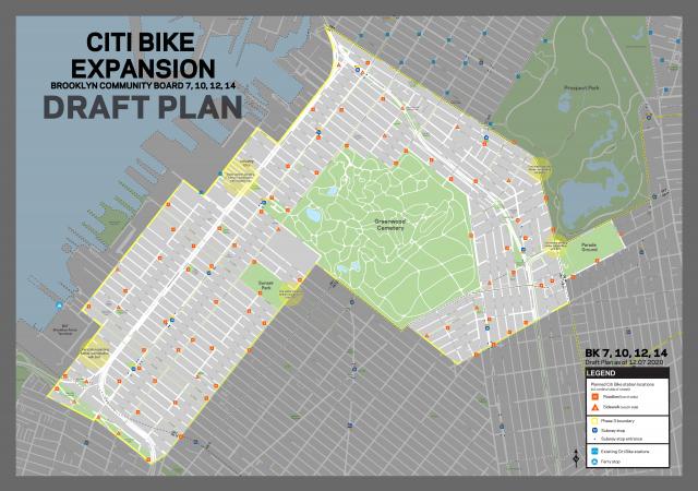The draft plan for Citi Bike stations in Brooklyn Community Boards 7, 10, 12, and 14