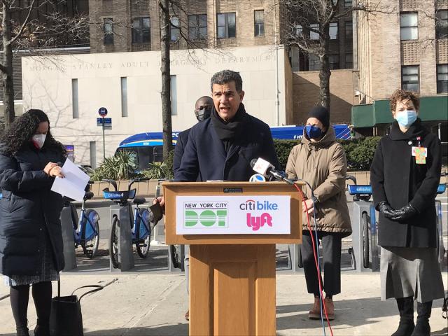 New NYC DOT Commissioner Ydanis Rodriguez speaking at a hospital in Washington Heights. 