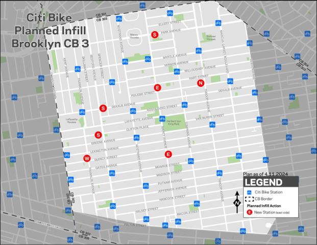 A map of planned Citi Bike expansion in Brooklyn CB 3