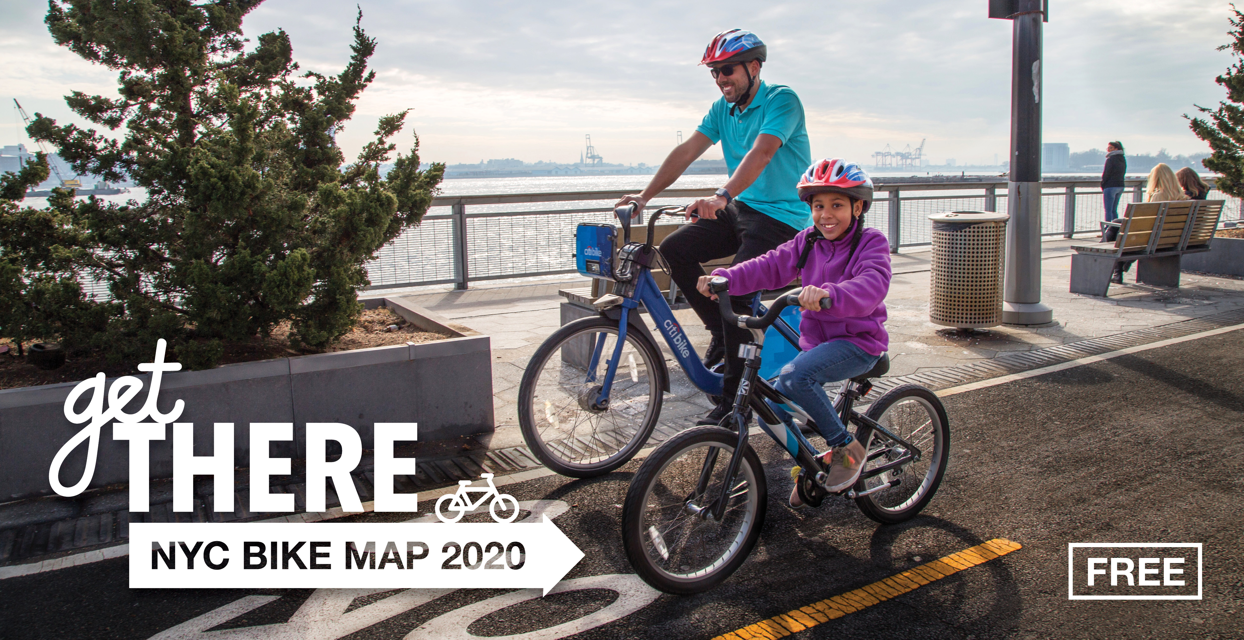 The 2020 bike map, showing an adult on a Citi Bike and their young child riding a regular bike.