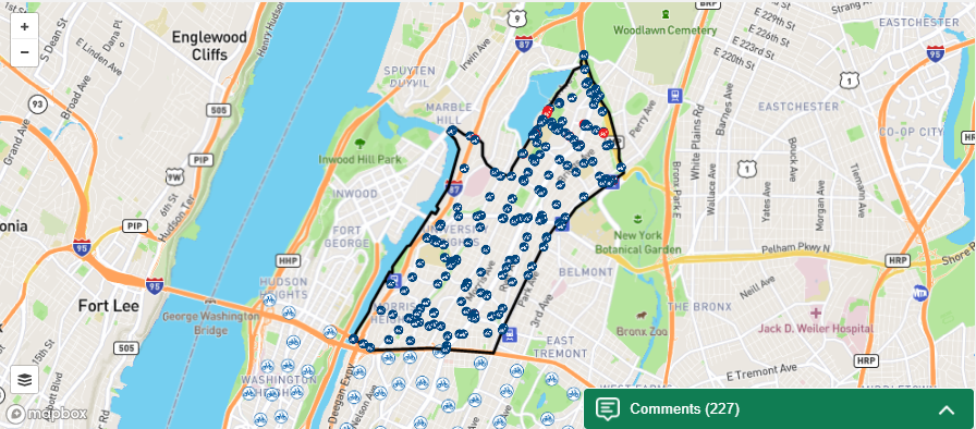 A map of the feedback portal focusing on Bronx Community Boards 5 & 7
