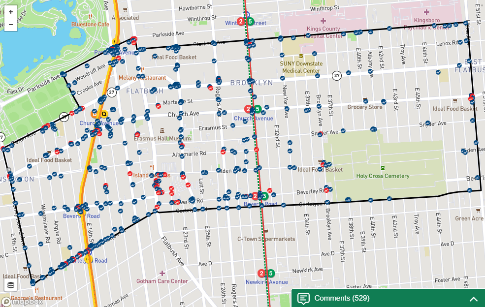 A screenshot of the 2023 Brooklyn feedback map. It includes parts of Brooklyn Community Board 14 and 17. 