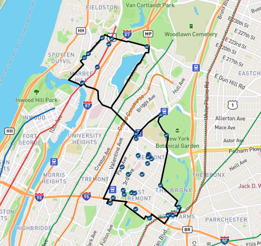 The Bronx Feedback map, with many dots representing where people want to see and not see stations. 