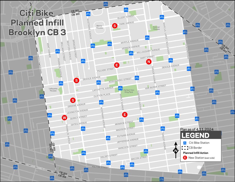 A map of planned Citi Bike infill stations in Brooklyn CB3