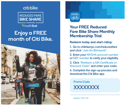 A pamphlet showing the instructions on how to redeem a free month of bike share for members of NYCHA or SNAP