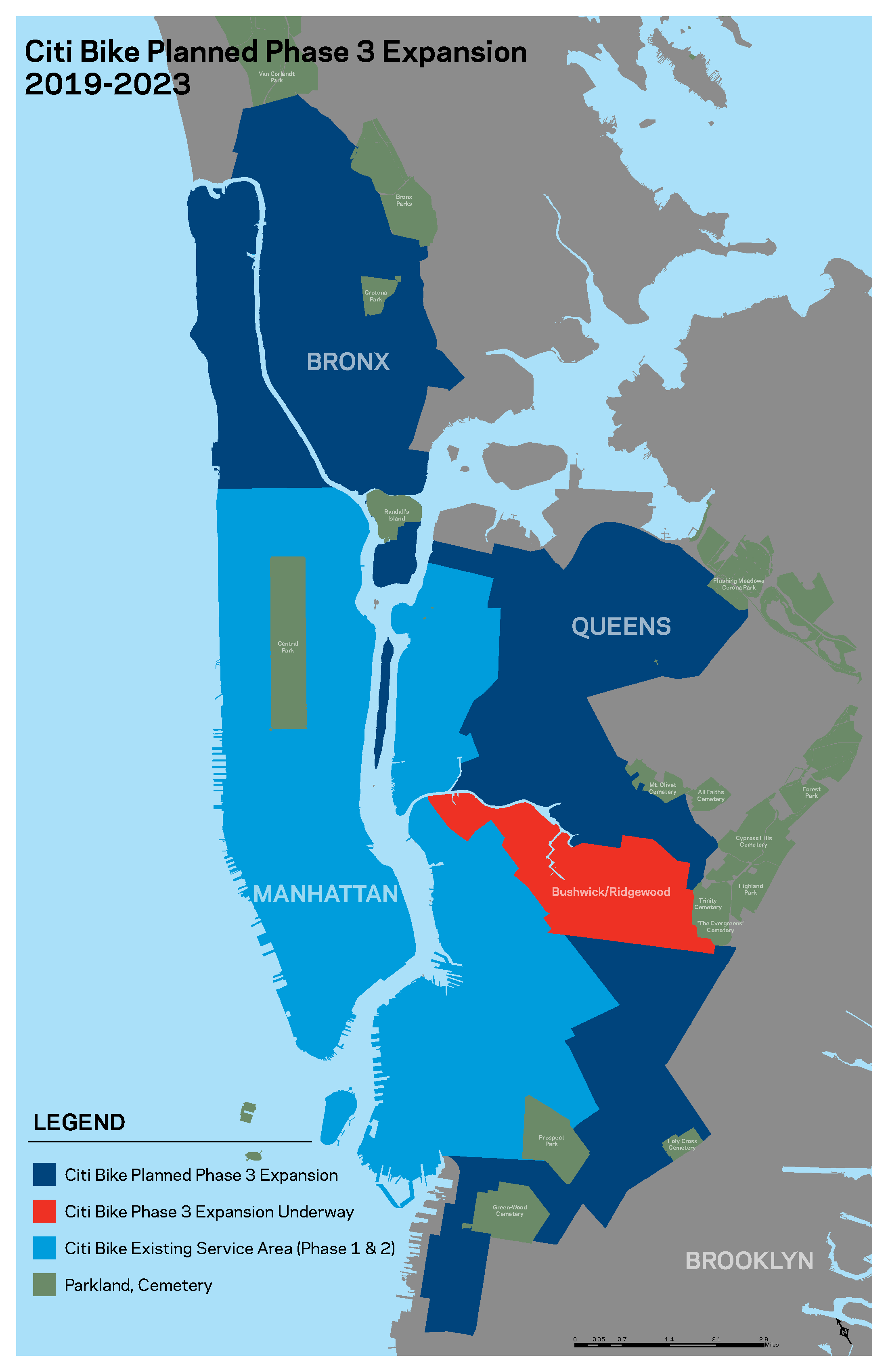 A map of the Phase 3 boundaries of Citi Bike. Citi Bike will enter the Bronx for the first time, fill out Manhattan, and continue to expand into neighborhoods like Corona & Sunset Park in Queens and Brooklyn, respectively.