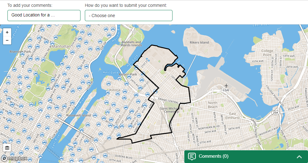 A screenshot of the Queens CB 1 feedback map