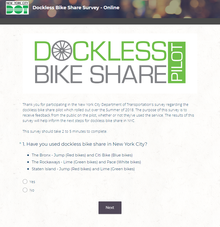 A screenshot of the Dockless bike share survey