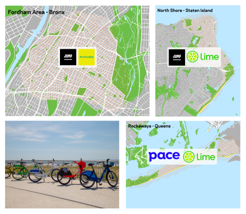 3 maps showing each of the boundaries of the dockless bike share pilot, as well as what vendor is operating in each section.